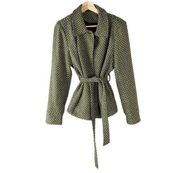Essentials by Milano Jackets & Blazers - ESSENTIALS by Milano Women's Wool Blend Green and Brown Woven Tie Waist …